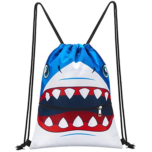 Image of WAWSAM Shark Drawstring Bags - Drawstring Bags for Boys Kids Waterproof Draw String Bag Gym Sports Bag with Zippered Pocket, Swimming Bags for Kids for Swim Personalised Drawstring Bag