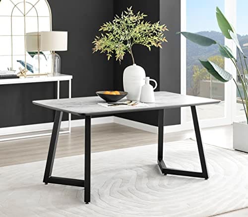 Image of Furniturebox UK Dining Table - Carson 160cm 6 Seat Rectangular Dining Table - White Marble Effect Melamine, Angled Black Metal U Shaped Legs - An Industrial Design Table for Dining Room (Table Only)