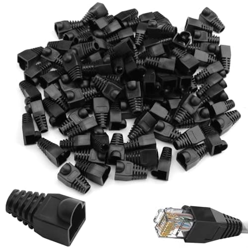 Image of RJ 45 Cable Plug Protectors, 100 Pcs Ethernet Cable Connector Boots Cover Soft Plastic RJ45 Boots Network Wire LAN Strain Boots Plug Cover Strain Relief Boots for CAT5 CAT5E CAT6 CAT6E (Black)