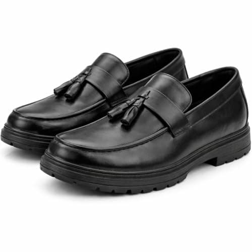 Image of ShuCentre Men's Tassel Loafers Slip-On Dress Shoes | Comfortable Smart Casual Shoes Polished Finish | Lightweight Elegant Footwear | Classic Formal Loafers for Work Office Wedding Party | Black. 9 UK