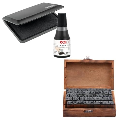 Image of COLOP Black Ink Pad, Ink Pad Refill & Alphabet Letter Stamps Set | Suitable for Stamping Letters | Used for Crafting, Home and Office Use | 110mm x 70mm Stamp Pad, 25ml Ink & 70pcs Set
