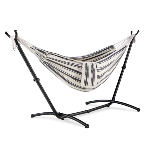 Image of VonHaus Hammock with Stand - Freestanding 2 Person Striped Hammock Seat with Steel Frame - Polycotton Material & Adjustable Frame for Garden - Travel Bag for Beach, Camping & Outdoors - Blue & White