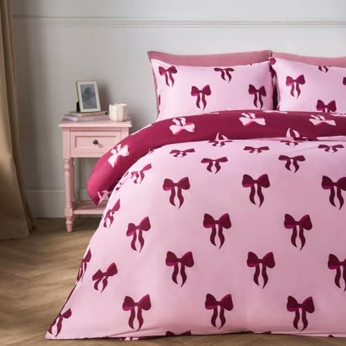 Image of OHS Double Duvet Set Bow Bedding, Bow Gifts for Women Super Soft Microfibre Reversible Bedding Double Bed Set Luxurious Duvet Cover Sets with Matching Pillowcases, Pink/Light Pink