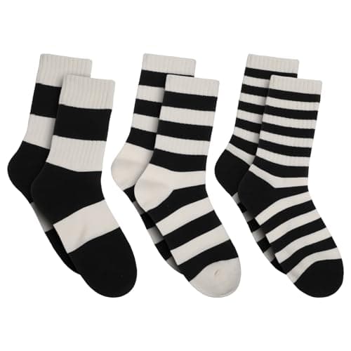 Image of Tweruna 3 Pair Black and White Striped Socks, Goth Striped Socks, Non Slip Crew Black and White Socks for Women, Cute Casual Sock for Daily
