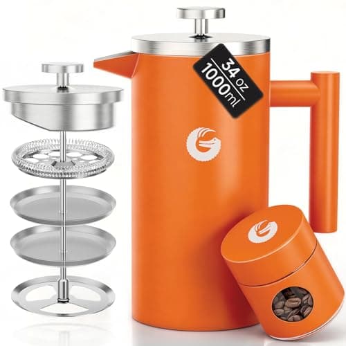 Image of Coffee Gator Cafetiere Coffee Maker - Less Sediment, Hotter-For-Longer, Thermal French Press Brewer - Large Capacity, Double-Wall Insulated, Dishwasher-Safe Stainless Steel - 1 litre - Orange