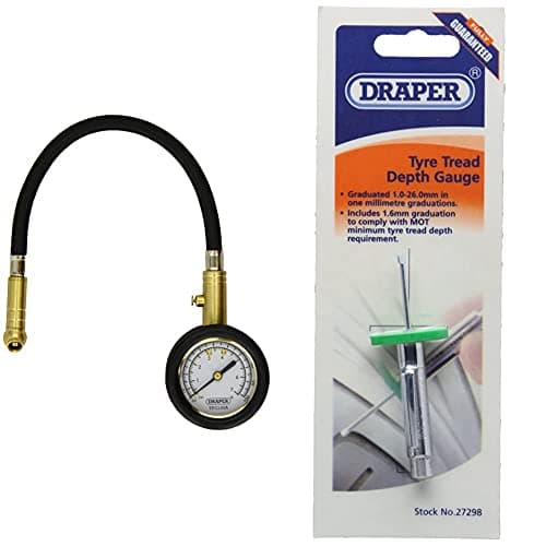 Image of Draper 69924 Tyre Pressure Gauge with Flexible Hose & 27298 Tyre Tread Depth Gauge, 1mm-26mm