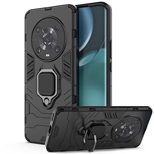 Image of DERHAN Case for honor Magic 4 Pro 5G, Shockproof Armour Phone Case with 360° Rotating Stand, Hard PC TPU Silicone Protective Cover Bumper - Black