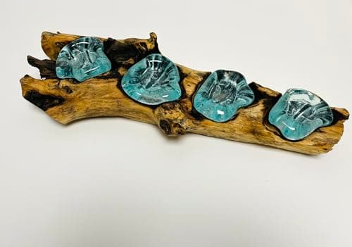 Image of Molten Glass Candle Holder On Driftwood Base | Suitable for Tealights or Votives (4 Candle)