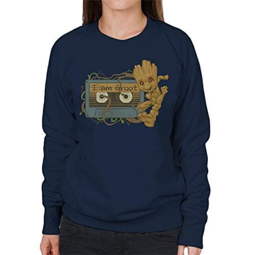 Image of Marvel Guardians of The Galaxy Baby Groot Cassette Tape Women's Sweatshirt Navy Blue