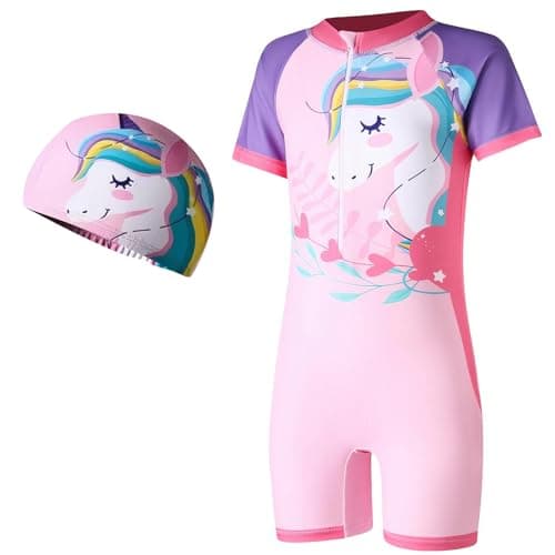 Image of ADUDVLO Girls Swimming Costume with Front Zipper & Swim Cap – Cartoon One Piece Bathing Suit for Kids Ages 4–10, Quick Dry & Stretchy Swimwear (UK, Age, 5 Years, 6 Years, Regular, Pink)