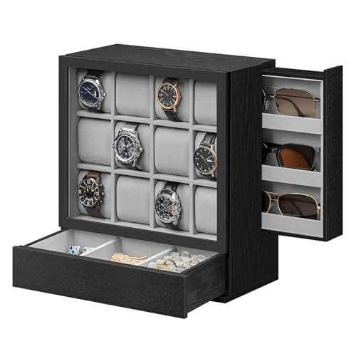 Image of SONGMICS 12-Slot Wooden Watch Box, Watch Display Case with Window, Watch Display Cabinet with Solid Wood Veneer, Vertical Storage, Space Saving, Gift Idea, Ebony Black JOW014B01