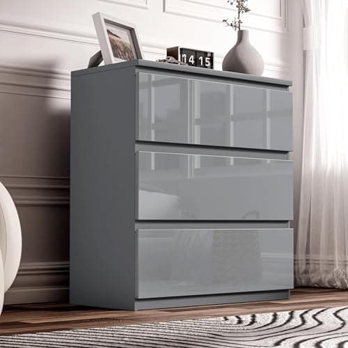 Image of Blisswood High Gloss Chest of Drawers, 3 Drawer Bedroom Chest of Drawers, Chest of Draws with Smooth Metal Runners Bedside Table for Living Room Office Furniture 40D x 70W x 77H CM (Grey)