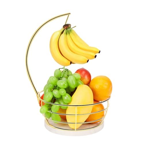 Image of Livabber Countertop Fruit Basket Bowl with Banana Hanger, Modern Standing Fruit Vegetable Bowl Storage with Marble Base, with Banana Tree Holder for Kitchen, Dining Table (Round, Gold)