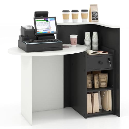 Image of CASART Reception Desk, Retail Commercial Office Desk with 3-Position Adjustable Shelf & Lockable Drawer, Cashier Counter Workstation for Salon Clothing Store Restaurant (Black+White Tabletop)
