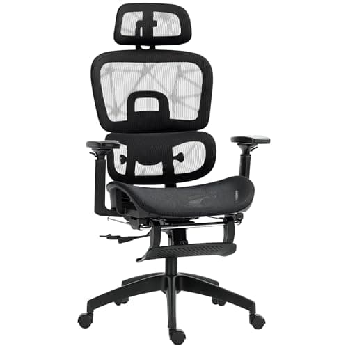 Image of HOMCOM Ergonomic Office Chair, Mesh High Back Computer Desk Chair with 3 Level Adjustable Back, Adjustable Lumbar Support, Swivel Recliner with 3D Armrest, Headrest, Footrest, Black