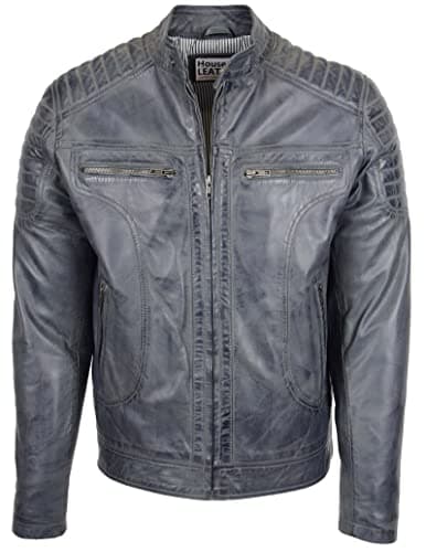 Image of Mens Real Leather Biker Jacket Cafe Racer Style Eddie (M, Grey)