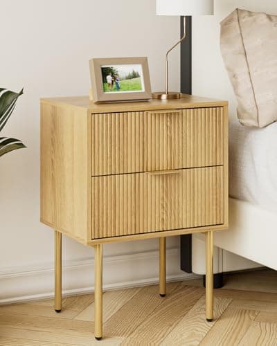 Image of HEYZOEY Bedside Table, Small Bedside Tables with 2 Drawers, Wooden Nightstand with Gold Legs, Mid-Century Modern Bed Side End Table for Bedroom, Living Room,Oak