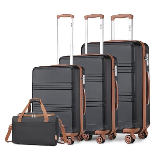 Image of Kono Luggage Sets of 4 Piece Lightweight ABS+PC Hard Shell Cabin/Medium/Large Suitcase with TSA Combination Lock + Ryanair 40x20x25cm Cabin Bag (Black/Brown, 4 Piece Set)