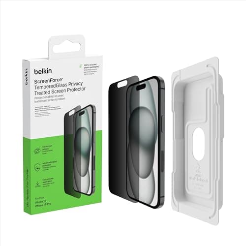Image of Belkin ScreenForce TemperedGlass Treated Privacy Screen Protector for iPhone 15 & iPhone 14 Pro - Slim & Scratch-Resistant - Includes Easy Align Tray for Bubble Free Application