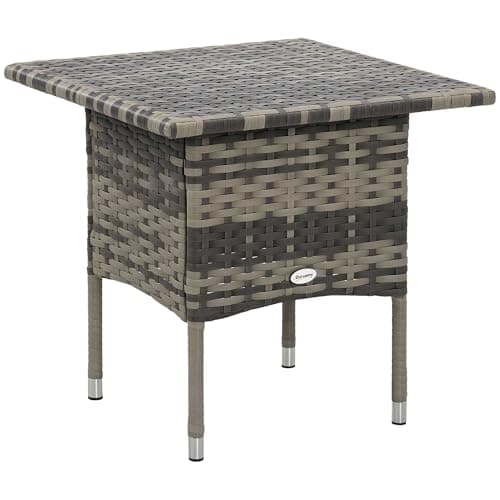 Image of Outsunny Rattan Side Table, Outdoor Coffee Table with Plastic Board Under the Full Woven Table Top for Patio, Garden, Balcony, Mixed Grey
