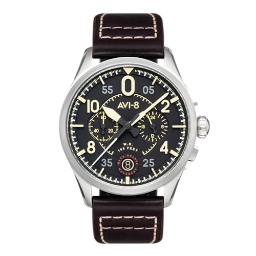 Image of AVI-8 Spitfire Mens Watch - 42mm Stainless Steel Case, Japanese Quartz Movement, Genuine Leather Strap, Watches for Men, Lock Chronograph, Midnight Oak - AV-4089-01
