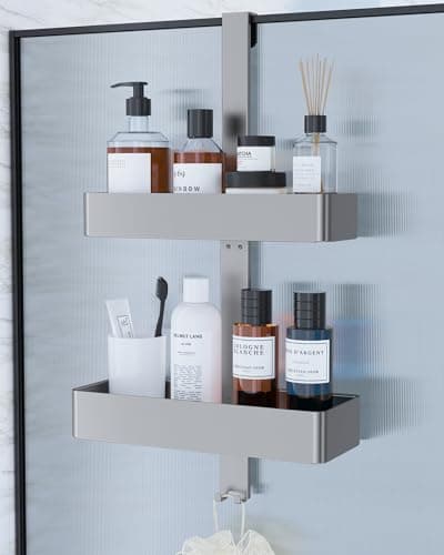 Image of Kitsure Shower Caddy - 2-Tier Over Door Bathroom Accessory Hanging, Drill-Free & Rustproof Bathroom Shelves, Versatile Bathroom Shelf for Shampoo, Towel, Squeegee, 29.1cm×11.2cm×55.3cm, Silver