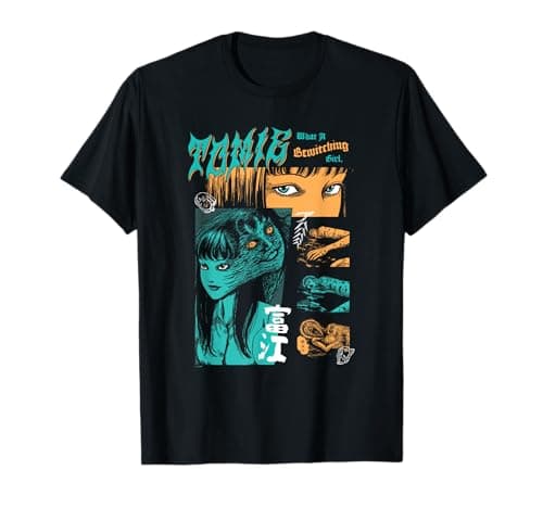 Image of Junji Ito Tomie Orange and Aqua Zine Collage Horror Manga T-Shirt