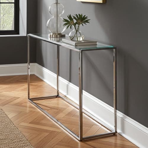 Image of The Furniture Market Monza Glass Console Table – 120cm Modern Minimalist Design with Clear Bevelled Glass Top, Chrome Stainless Steel Frame, Adjustable Foot Pads - L 1200 x D 400 x H 770mm