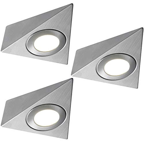 Image of 3 Pack | *240V Mains* LED Triangle Under Cabinet Kitchen Spotlights | Brushed Nickel & Natural White | Surface Mounted Light Fittings | Cupboard Worktop Counter Unit Lighting Kit | Loops