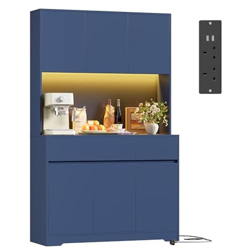 Image of FirFurd Kitchen Cupboard 180cm Tall Cabinet Kitchen Sideboard Storage Cabinet with LED, Power Outlet, Adjustable Shelves, 2 Drawers, 6 Doors, Large Countertop 180x100x38.5 cm Blue