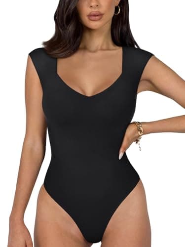 Image of REORIA Women's Summer Sexy Casual V Neck Double Lined Seamless Sleeveless Slimming One Piece Leotards Going Out Trendy Tank Top Tees Thong Bodysuits Black Small