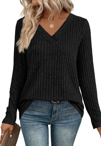 Image of Aokosor Womens Tops V Neck Plus Size Jumpers for Women UK Long Sleeve Tunic Tops Black Size 22-24