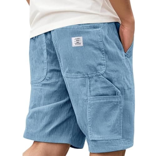 Image of Men's Corduroy Shorts Casual Elastic Waist Drawstring Multi Pocket Embroidered Logo Retro Half Pants Lightweight Summer Beach Jogging Shorts Blue