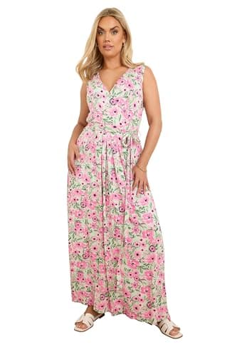 Image of Yours Curve Floral Print Wrap Maxi Dress - Women's - Plus Size Curve Pink