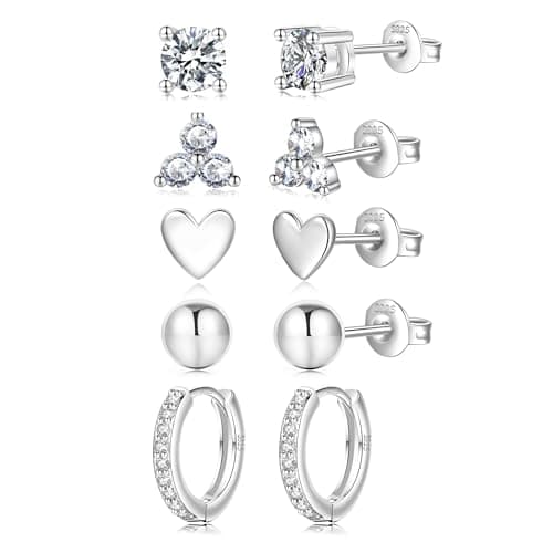 Image of EXGOX Sterling Silver Stud Earrings,925 Silver Earrings for Women Girls Hypoallergenic Silver Hoop Earrings Dainty Ball Heart Stud Earrings Shiny Cubic Zirconia Diamond Stud Earrings Set(5 Pairs)