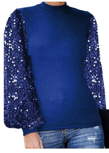Image of Anna-Kaci Women's Confetti Sequin Balloon Long Sleeve Mock Neck Pullover Sweatshirt, Navy, Medium