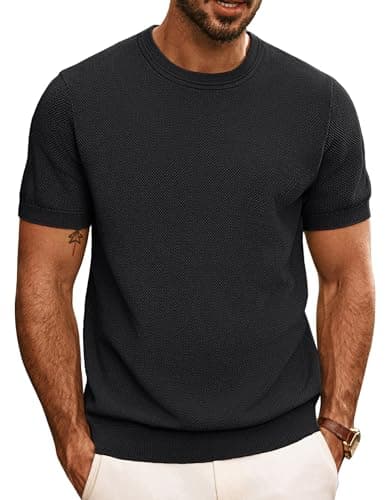 Image of PJ PAUL JONES Mens T Shirt UK Crew Neck Knitted Tee Shirt, Classic Tshirt Short Sleeve Black M