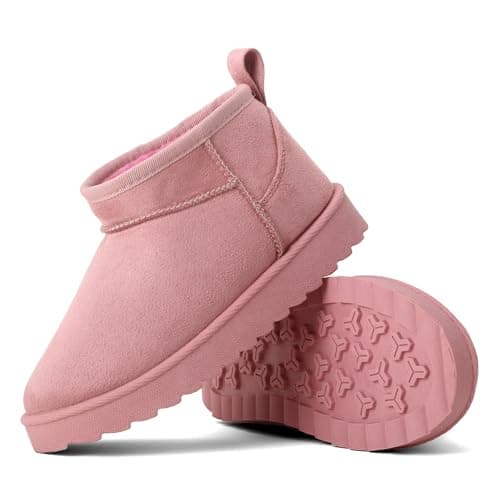 Image of Kids’ Faux Suede Winter Boots – Warm Faux Fur Lined Ankle Shoes | Non-Slip Rubber Sole Cosy Snow Boots for Boys and Girls (PINK, One Size, Big Kid, 2, Numeric, UK Footwear Size System, Medium)