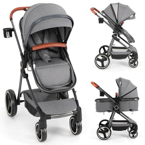 Image of COSTWAY Baby Pushchair, Foldable Travel System Pram with Reversible Seat, Adjustable Canopy & Backrest, Storage Basket, Cup Holder, Aluminum Structure Stroller for 0-36 Months (Grey)