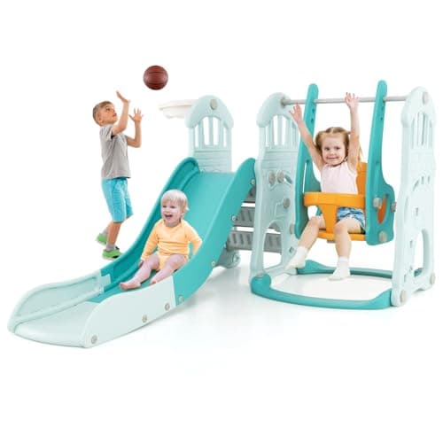 Image of GYMAX Toddler Swing and Slide Set, 4-in-1 Children Climber and Swing Set with Basketball Hoop, Kids Play Area Playground Set for Indoor (Green, 185x150x102cm)