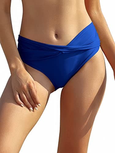 Image of SHEKINI Women's Bikini Bottom Twist Front Swimsuit Brief Ruched Medium Waisted Bathing Suit Bottoms Royal Blue