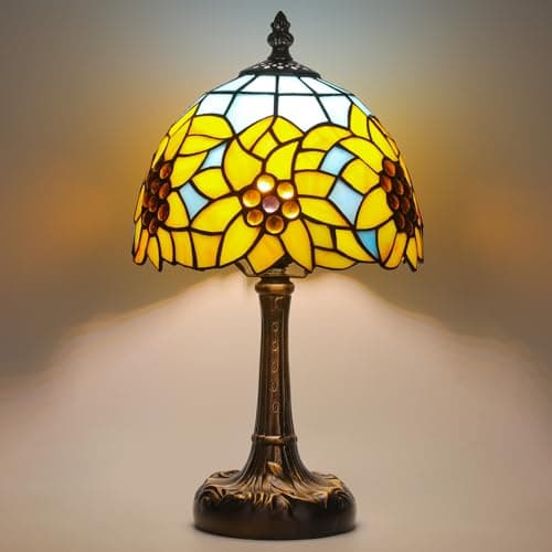 Image of FILIUTF Stained Glass Bedside Table Lamp, Sunflower Style Lampshade & Antique Leaf-Patterned Relief Base Desk Reading Light Decor for Bedroom Living Room Office(Include 3 Color Temperatures Bulb)