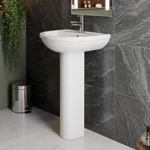 Image of Affine Milan II 1 Tap Hole Wash Basin Sink & Full Pedestal Bathroom Floor Standing Single Tap Hole Curved Ceramic, White Gloss