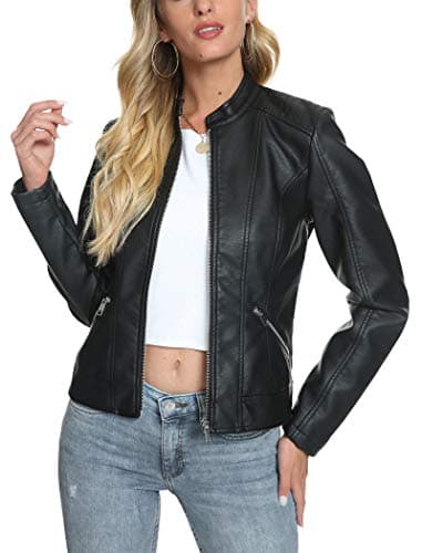 Image of Fahsyee Women's Faux Leather Jackets, Zip Up Motorcycle Short PU Moto Biker Outwear Fitted Slim Coat