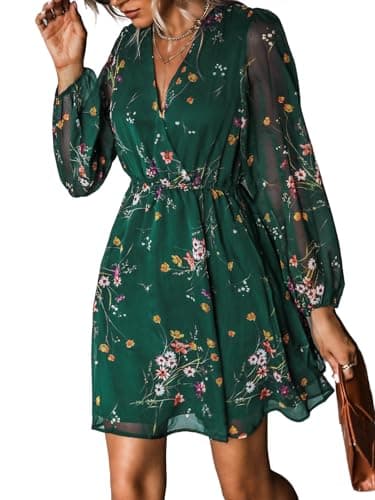 Image of CUPSHE Women's Floral Print Chiffon A-Line Mini Dress Long Peasant Sleeves Elastic Autumn Dress Green S