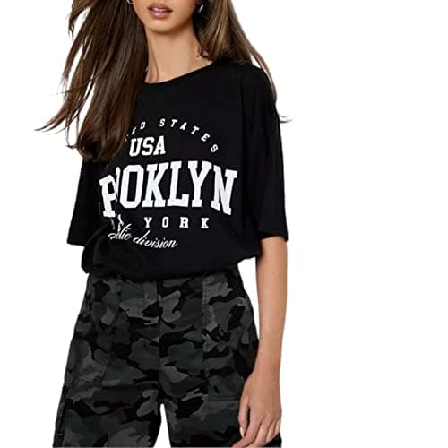 Image of Pure Fashion UK® Women's Slogan Printed Oversized Short Sleeves T-Shirt Ladies Summer Baggy Loose Fit Round Neck Tee Tops Elegant Casual Wear Shirts (Brooklyn Black, XXL)
