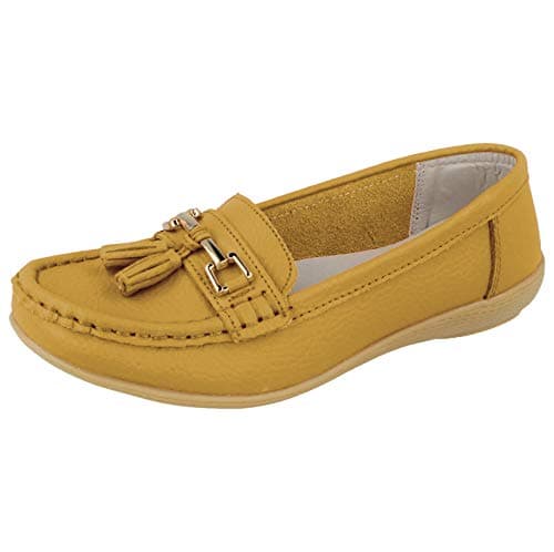 Image of Ladies Real Leather Tassel Slip On Moccasin Flat Nautical Boat Shoes Loafers Size 3-8 (6 UK, Mustard)