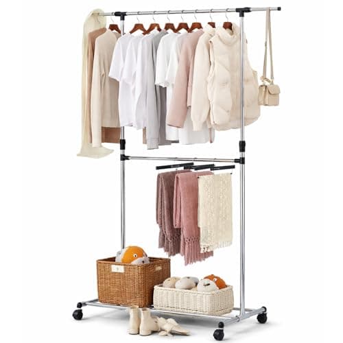Image of House Of Home Double Clothes Rail, Clothing Rack with Extendable Top Rail, Clothes Rail on Wheels, Height Adjustable Clothes Rack, Adjustable Middle Rail (Chrome)