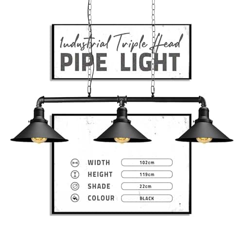 Image of DC Voltage Retro Style Pewter, Black Steampunk Metal 3 Way Bar Over Table Water Pipe Style Ceiling Light Fitting Vintage Industrial Suspended Pendant Lamp for Living Room
