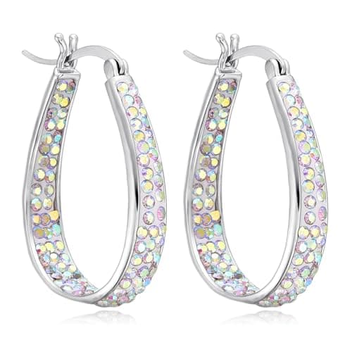Image of Crystal Hoop Earrings for Women, Rhodium Plated Inside Out Oval Hoop Earrings, Hypoallergenic Nickel Free, Lightweight Sparkling Jewelry Gift – White AB
